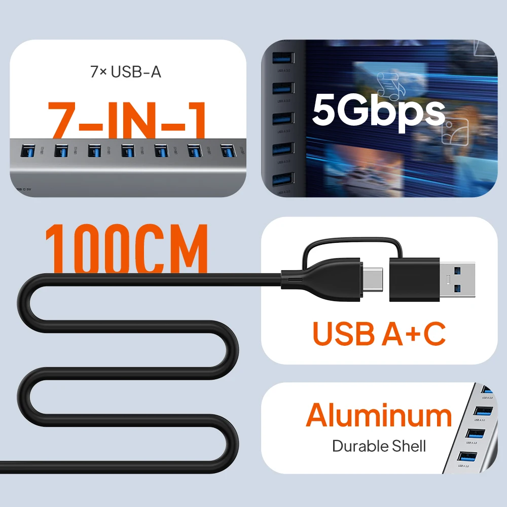 CABLETIME 7 IN 1 USB A+C Hub 7 * USB A Port USB 3.0 5Gbps Fast Data Transfer Aluminum Durable Shell for Laptop Mac TV Hard Drive