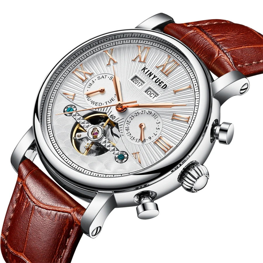 ساعة ميكانيكية للرجال من KINYUED، تقويم أوتوماتيكي متعدد الوظائف، ساعة رجال الأعمال، ساعة رجالية