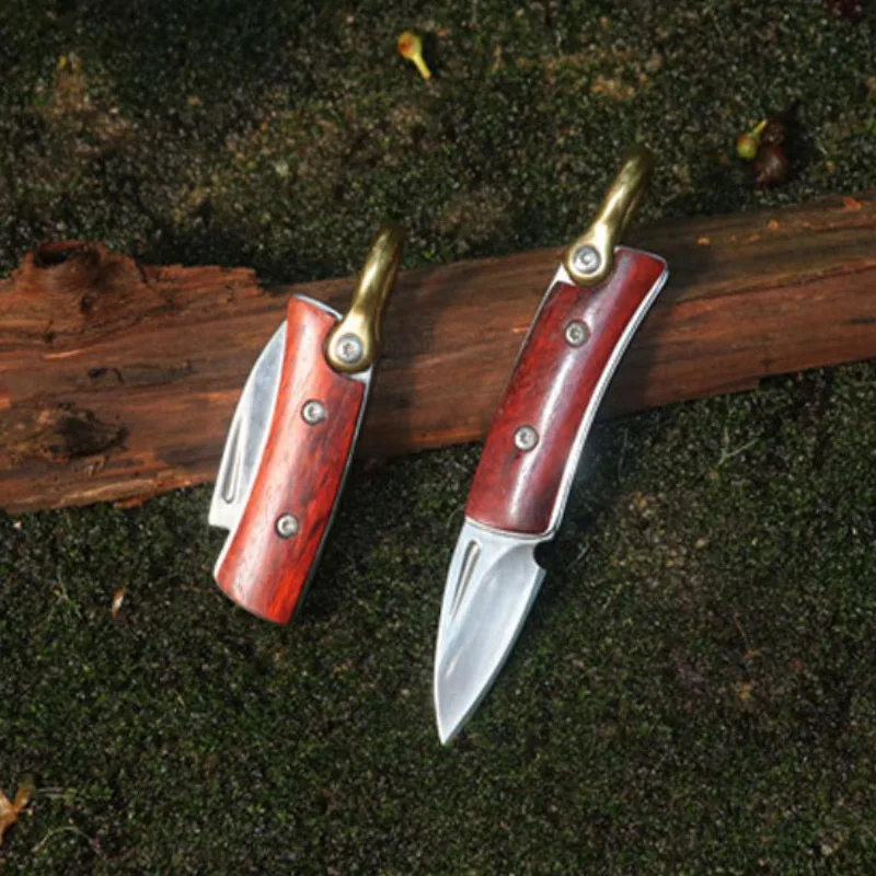 Wooden Handle Folding Knife Fruit Cutter Outdoor Survival EDC Tools Portable Keychain Pocket Knife Self Defense Hardness D2