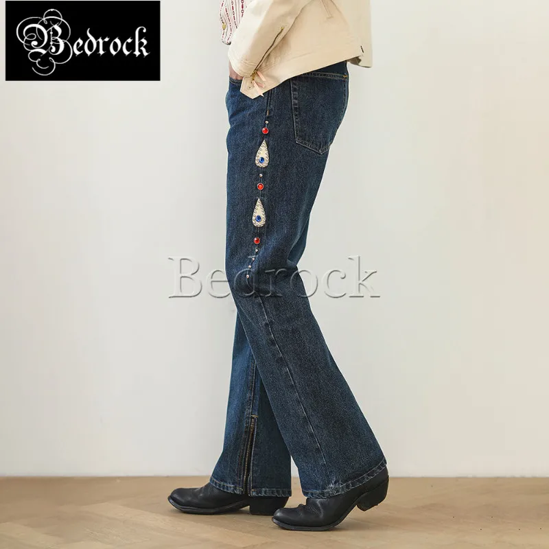 Mbscar 14,4 oz Web kante Denim Jeans Flare Hose für Männer Hippie Vintage eine gewaschene blaue Bell-Bottom Hose Niet Set Diamond Rock