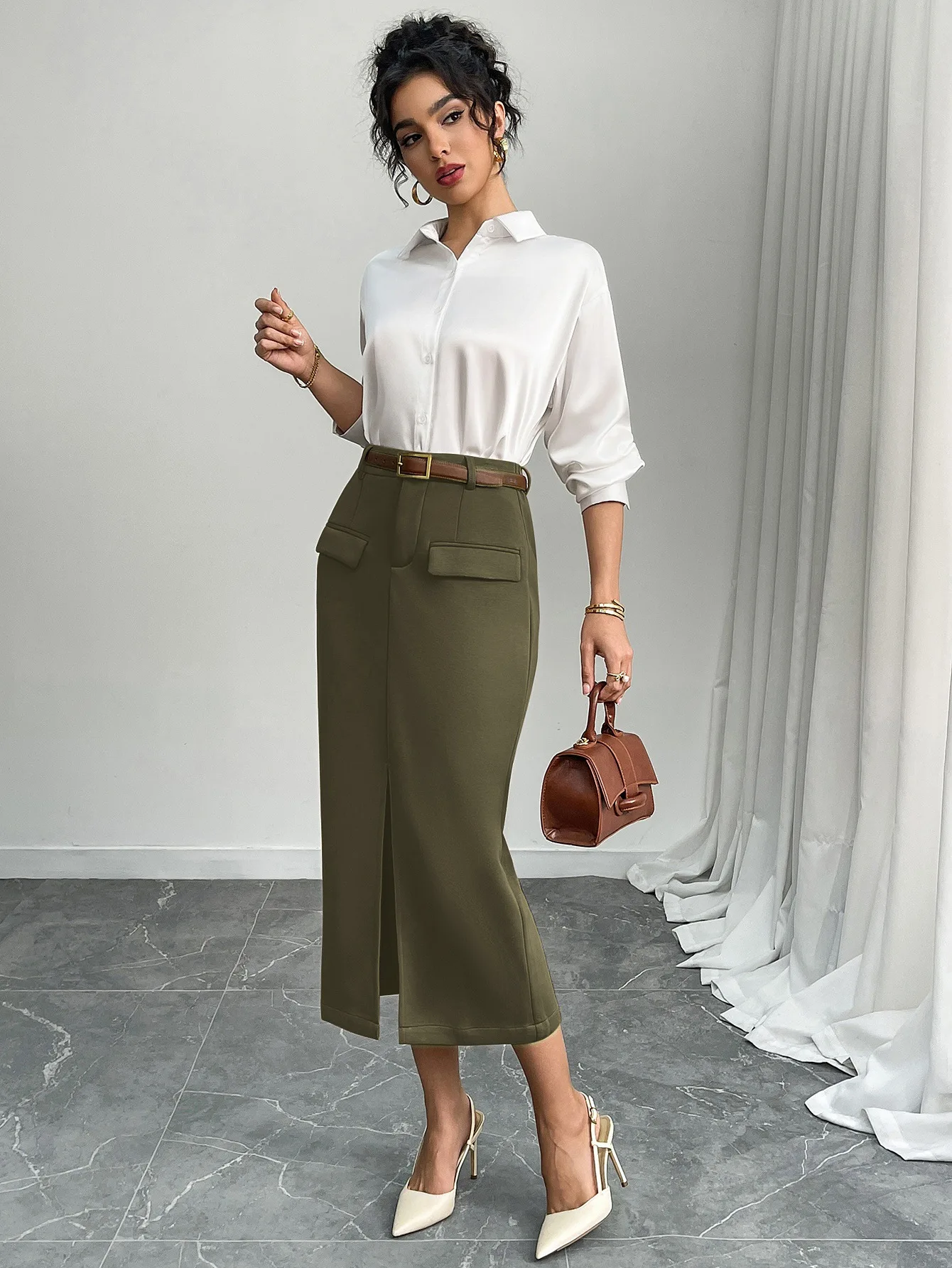 

High Waist Asymmetrical Split Fce Lined Women's Skirt Ele Ci Commute Polyester Fiber Winter Faion Ladies Skirts