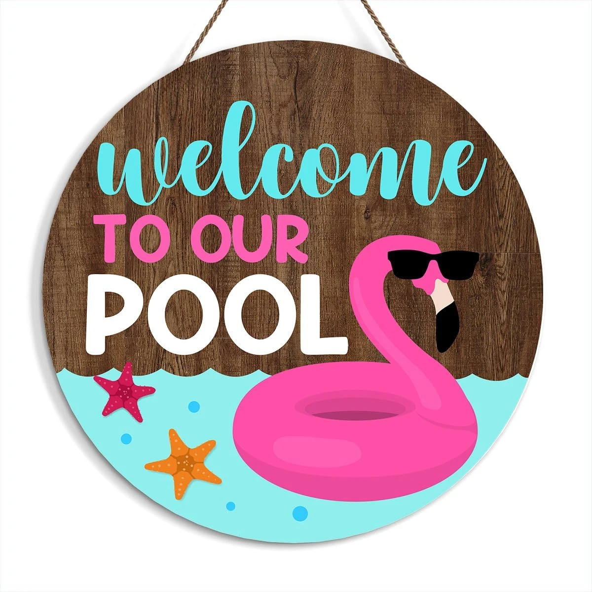 Flamingo Round Welcome Decorative Sign, Welcome To Our Pool Wooden Sign With Rope, Wall Art Decorations for Farmhouse