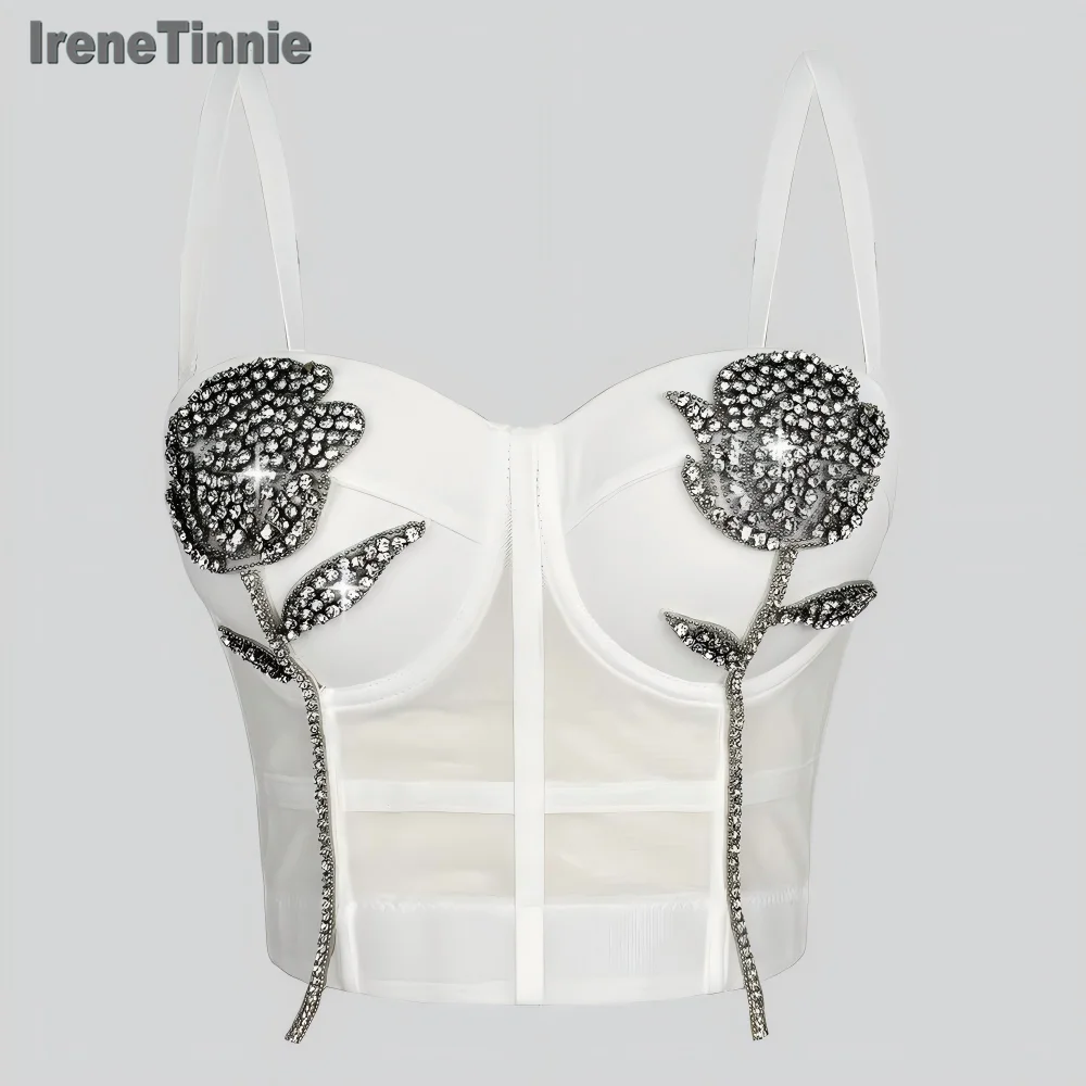 

IRENE TINNIE Укороченный топ без косточек с блестящими розами и кристаллами y2k Топы Корсет-бюстье Вечеринка для бальных клубов Сексуальный бюстгальтер пуш-ап Топ
