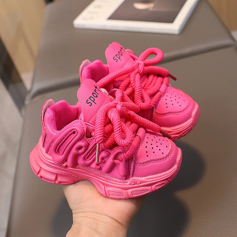 2024 New Girls Sneakers Versatile Lace-up Simple Non-slip Spring Autumn Boys Rose Pink Cute Kids Shoes Drop Shipping Non-slip