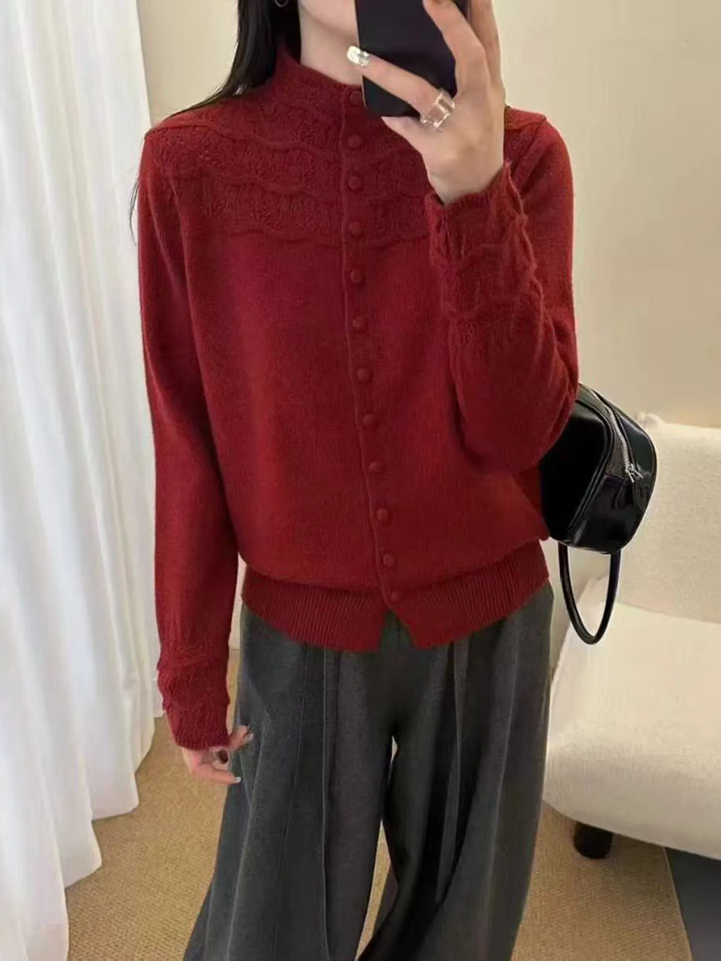 Cardigan aperto a collo alto lavorato a maglia morbida maglione autunno inverno da donna modello Sve scava fuori ricamo casual Sle