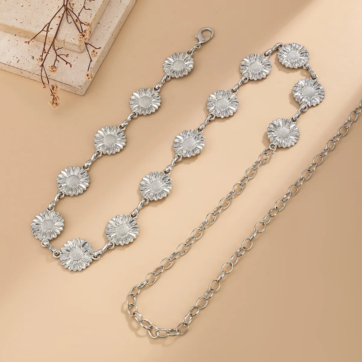 Body Chain Metal Engraved Daisy Flower Single Layer Vintage Adjustable Antique Bronze Tone for Women Festival Outdoor Durable
