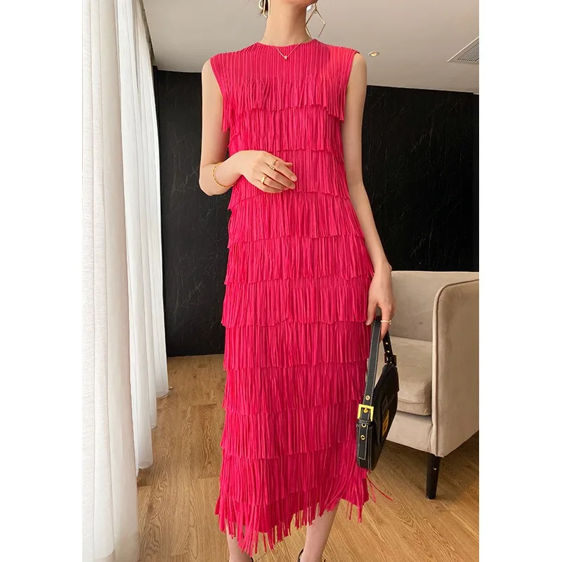 

GGHK Miyake Pleated Fringe Dress New Solid Color Luxury Sleeveless Slim Wedding Party Dresses Fashionable Women's Clothing