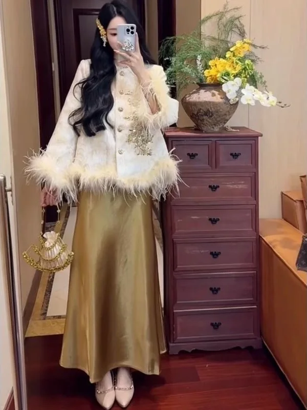 

Ele Faionable Autumn New Arrival Two-Piece Set Soft Gentle Sle Long Sve Coat Korean Sle High Waist Pants