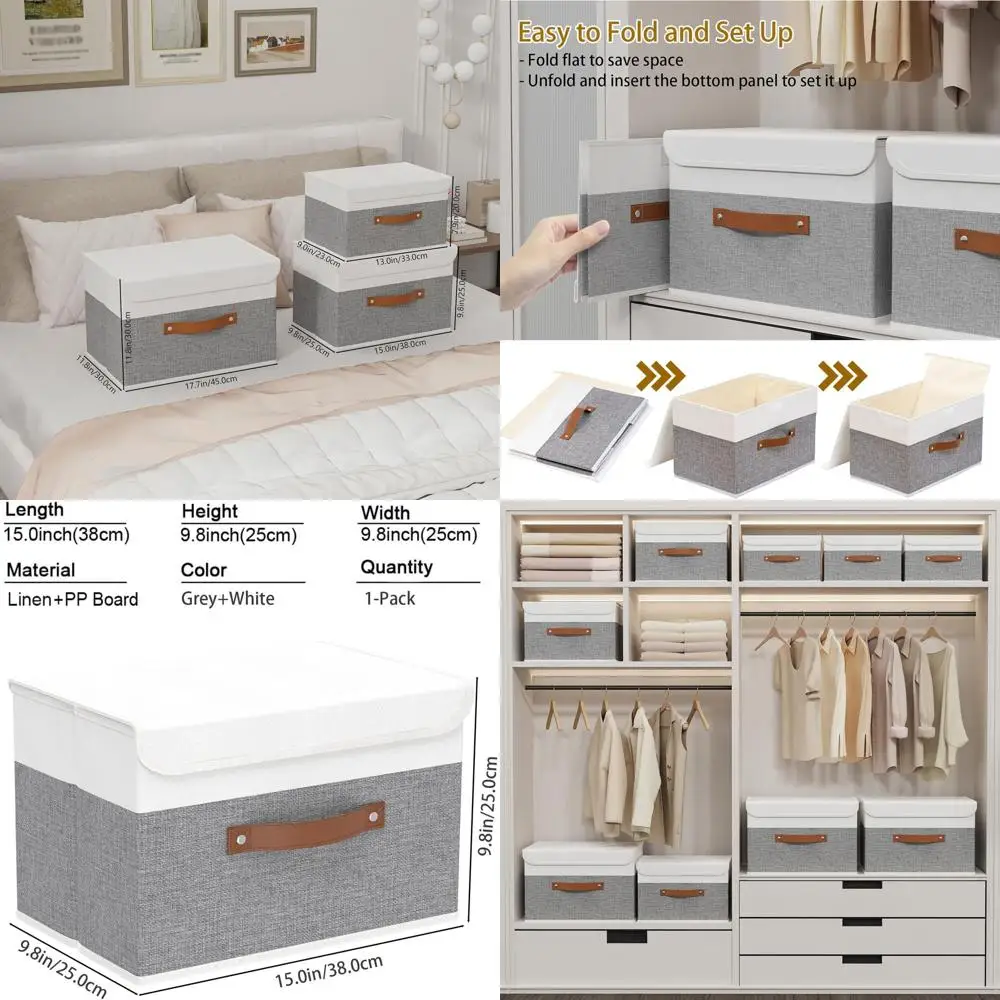

Linen Fabric Storage Bin with Leather Handle, Cube Organizer, Washable, White/Grey, 15x9.8x9.8 inches