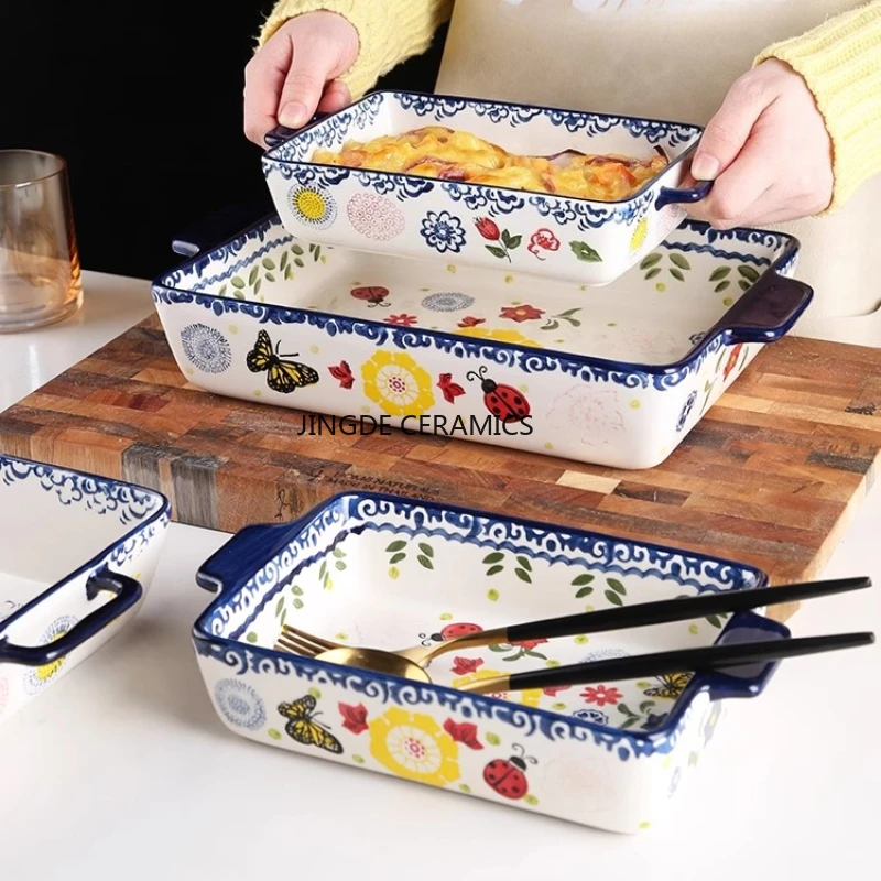 Rectangular/elliptical Double Ear Plate Cheese Baked Rice Tray Ceramic Baking Tray Oven Household Large Square Plate Tableware