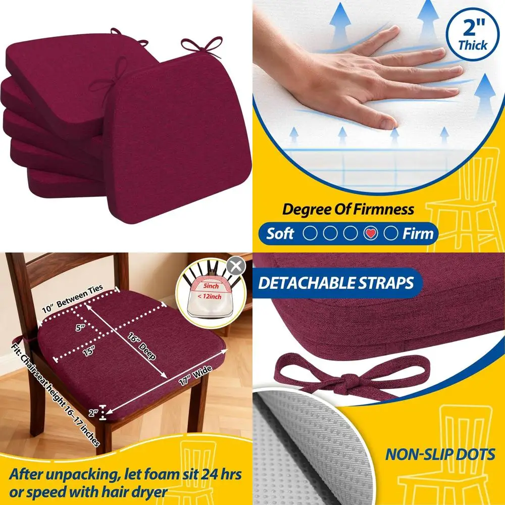 

Набор из 6 штук, 17x16, 2 толстых, винно-красных, съемный моющийся чехол, подушки для обеденного стула с завязками