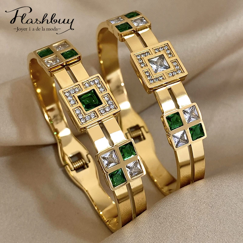 Flashbuy Trendy Chic in acciaio inossidabile quadrato bianco verde braccialetto di cristallo braccialetti per le donne nuovo regalo di gioielli con