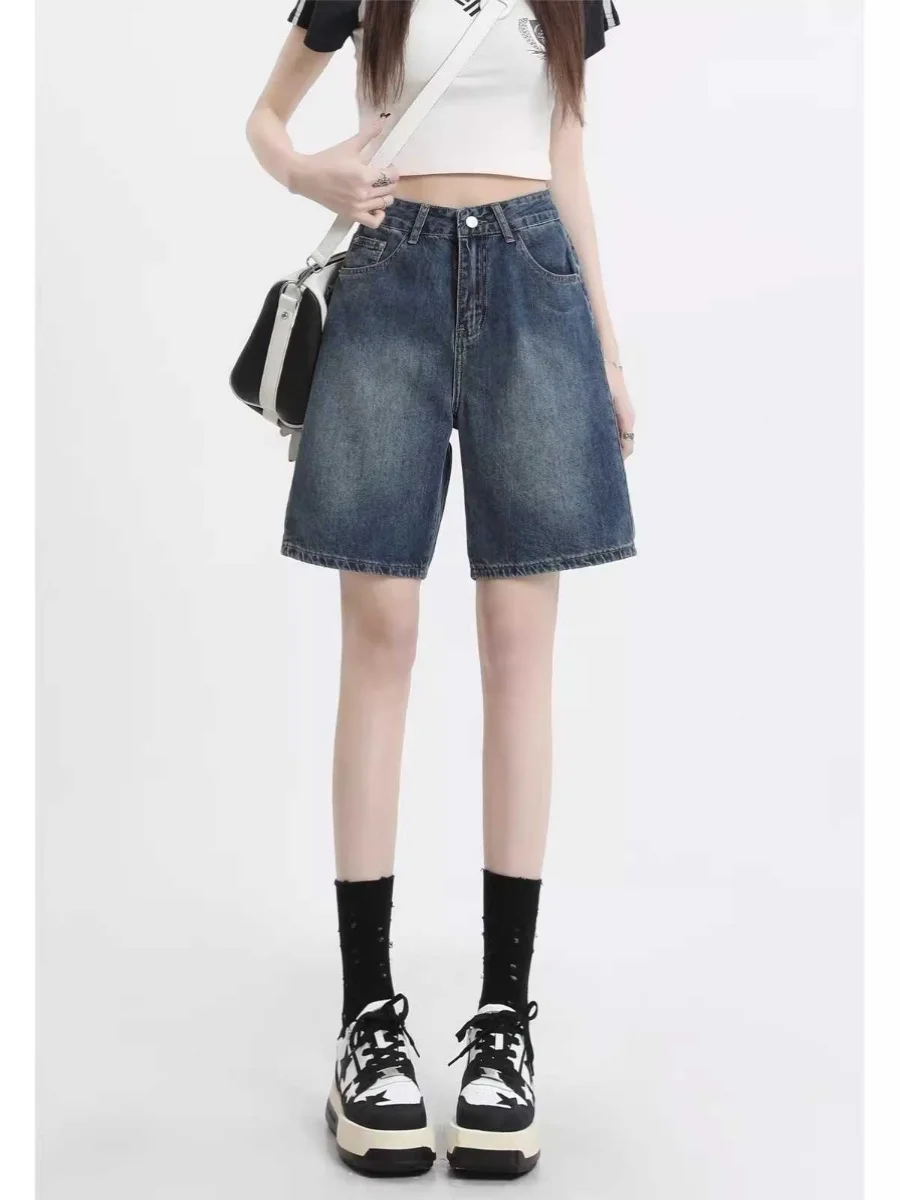 

High Waist Straight Leg Jeans Shorts Women's Summer Slimming Casual Sports Loose Fit Mid-Calf Length