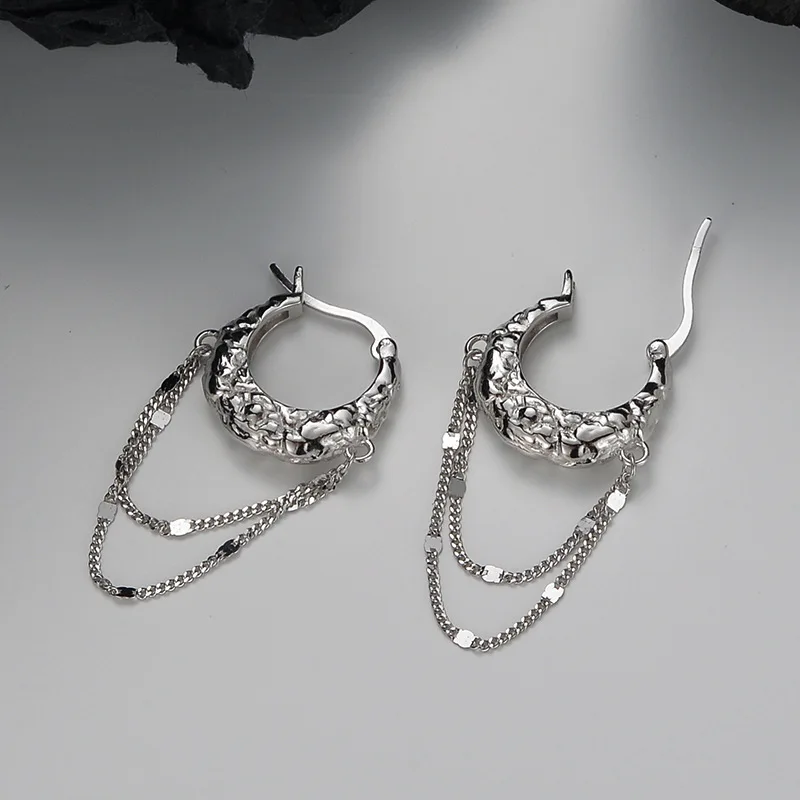Chic Retro S925 Solid Silver Irregular Lava Texture tassel Earrings for Women's Style Jewelry image 4
