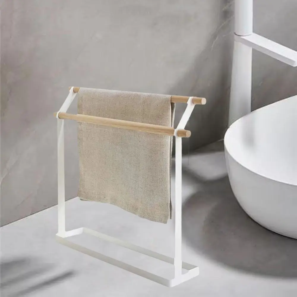 Multifunctional Metal Free Standing Towel Rack Stable Simple Vertical Towel Holder Double Bar Towel Drying Rack Vanity