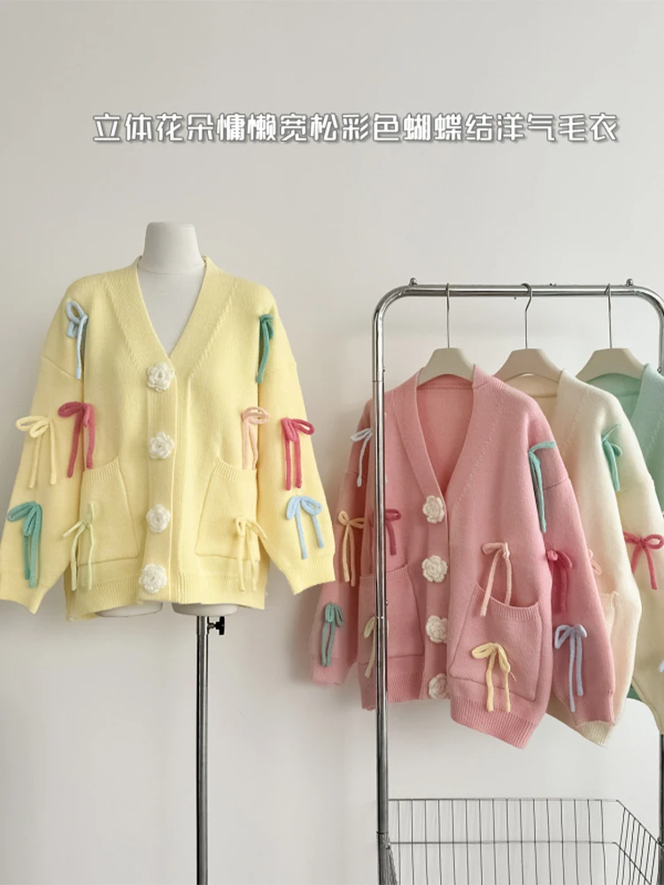 Women Yellow Cardigan Bow Sweater Vintage Harajuku Y2k Long Sleeves Cashmere Sweaters 90s Aesthetic 2000s Fashion Clothes Autumn