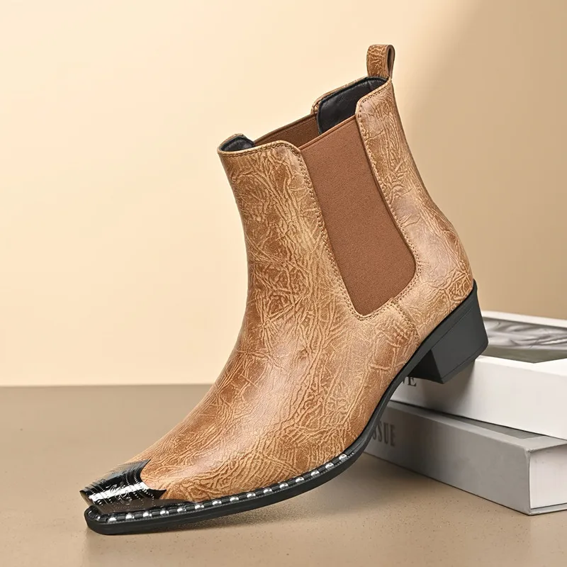 2027 Men's Fashion Cowboy Boots New Pointed Pull-On Leather Western Short Boots Plus Size Work Ankle Chelsea BootsBig Size 47 48