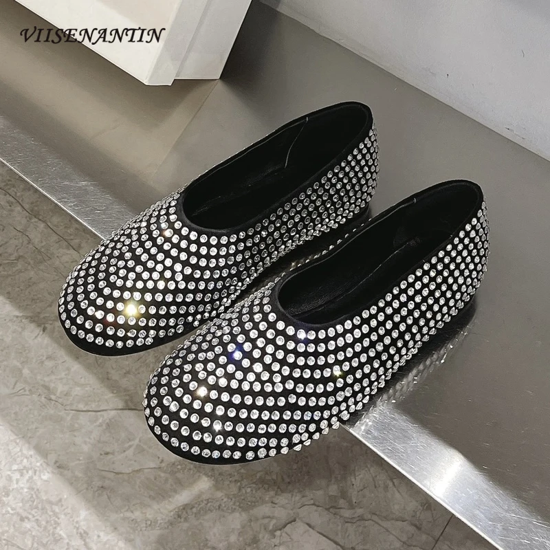 

Full Diamond Flats Ballet Shoes Women Black Leather Round Toe Slip on Comfortable Luxury Rhinestones Mary Janes Shoes Spring New