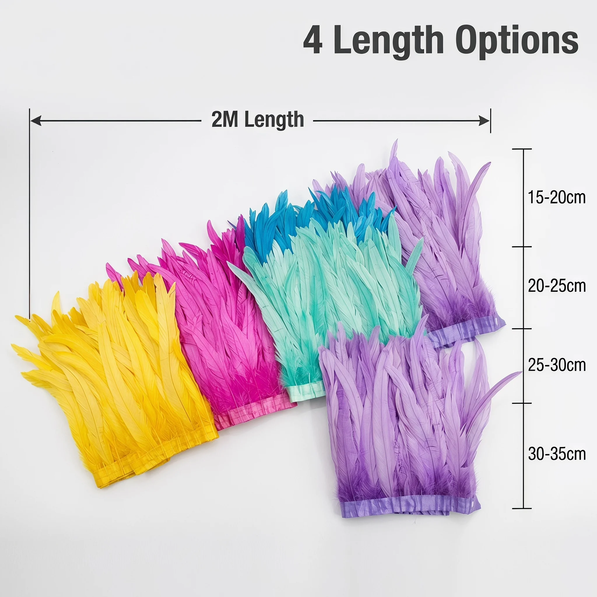 2M Rooster Tail Feather Trim Ribbon 15-35cm Long Feather Fringe Strip DIY Sewing Costume Dress Skirt Shawl Stage Decoration