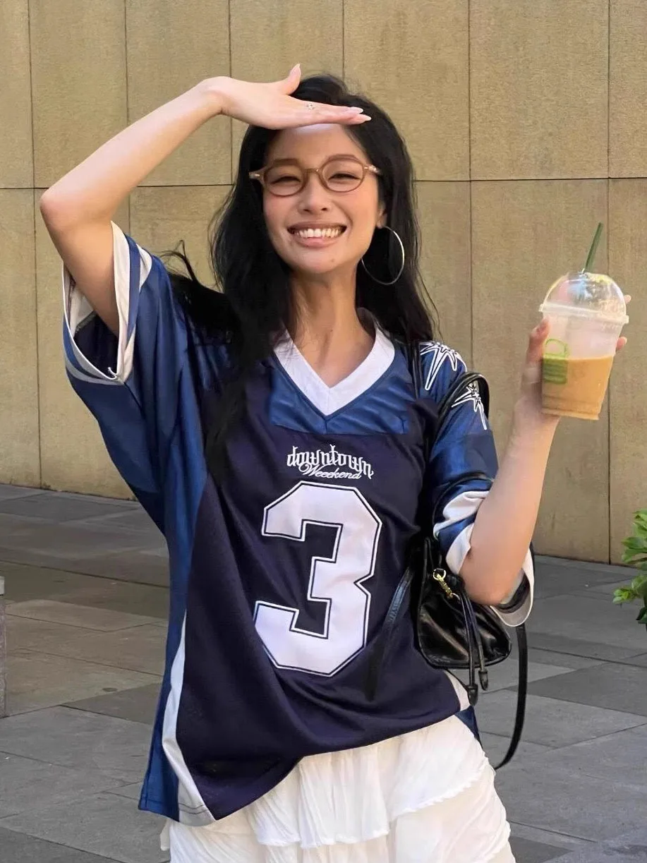 2025 رقم الاتجاه الكوري الجديد. 3 تي شيرت بأكمام قصيرة تي شيرت Lartigent American Retro Jersey للسيدات صيفي Y2K كاجوال للزوجين #2