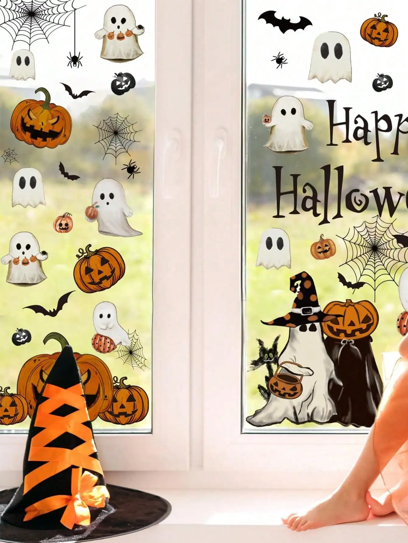 Halloween Static Window Clings, Cute Ghost Pumpkin Spider Web Bat Window Decals, Removable Non-Adhesive Halloween Window Sticker
