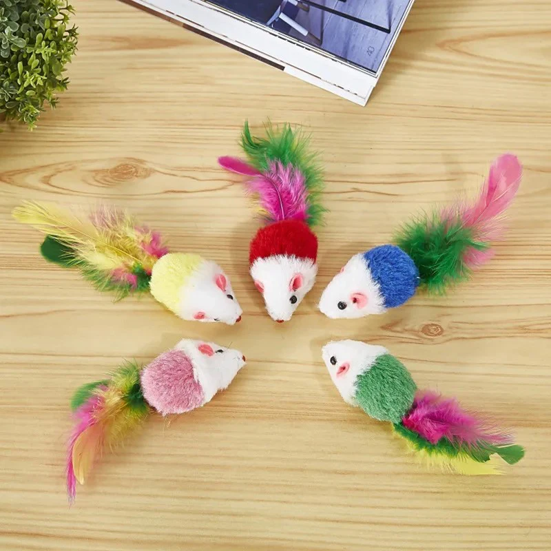 Cute Mini Fleece False Mouse Cat Toys Colorful Feather Funny Playing Training Toys For Cats Kitten Puppy Pet Supplies