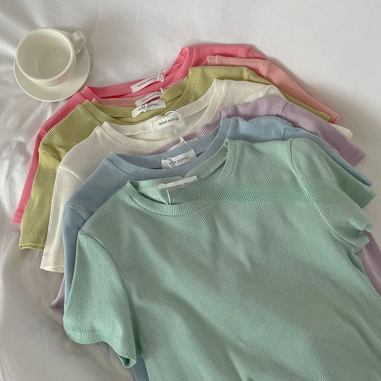 Camiseta Feminina Estilo Americano Manga Curta Fresca para o Verão, Design Liso, Gola Redonda, Top Cropped Canelado, Mistura ...