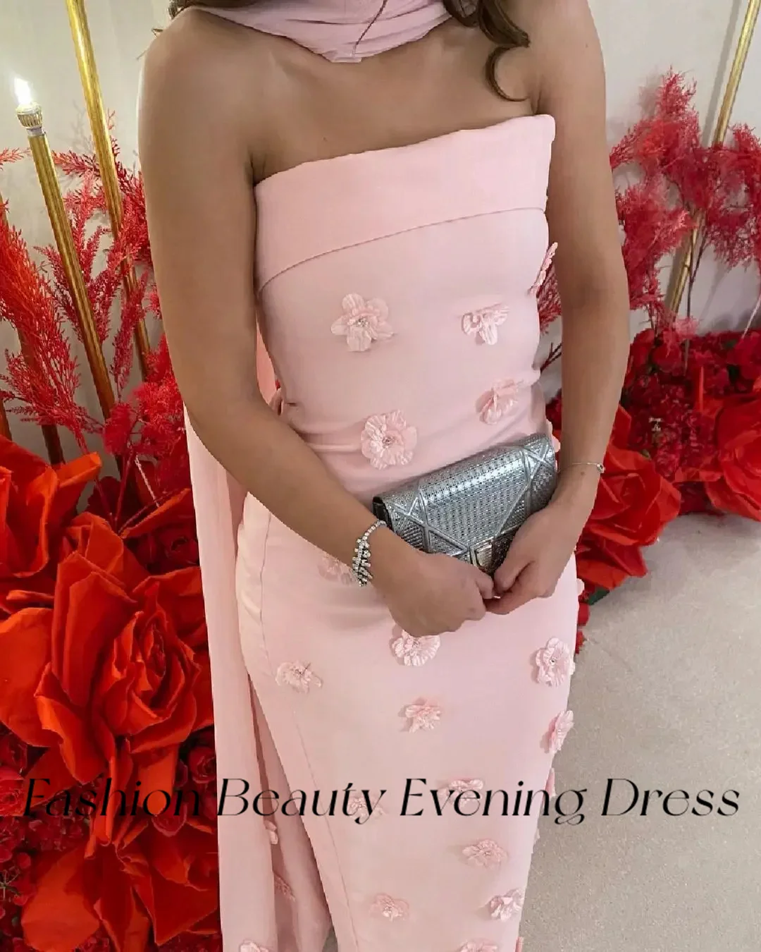 Fashion Beauty Pink Evening Dresses Strapless 3D Flowers Printed Dress Elegant Formal Occasion Gown For Women 2024 فساتين السهرة