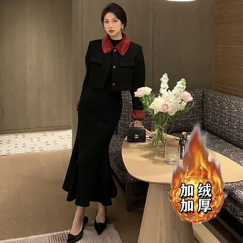 

Insozkdg Velvet Thickened Elegant Women Suit Jacket Skirt Set French Style Suit Blazer Tops + Long Fishtail Skirt Two-piece Set