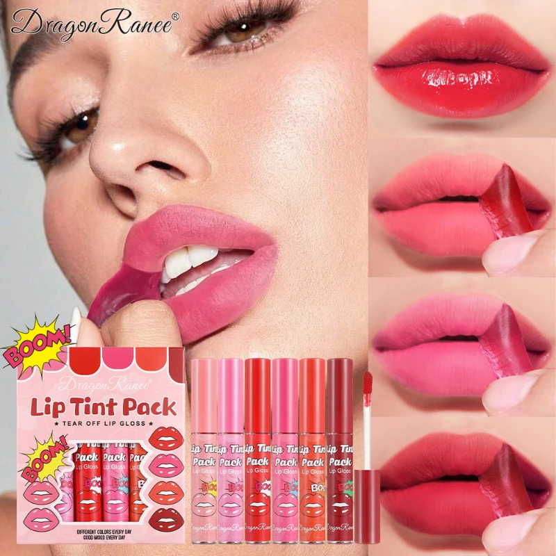 6 pz-set Lip Liner Peel Off Tattoo Lipgloss, Idratante Impermeabile di Lunga Durata Opaco Naturale Lip Tint Tear-off Lip Stain Trucco