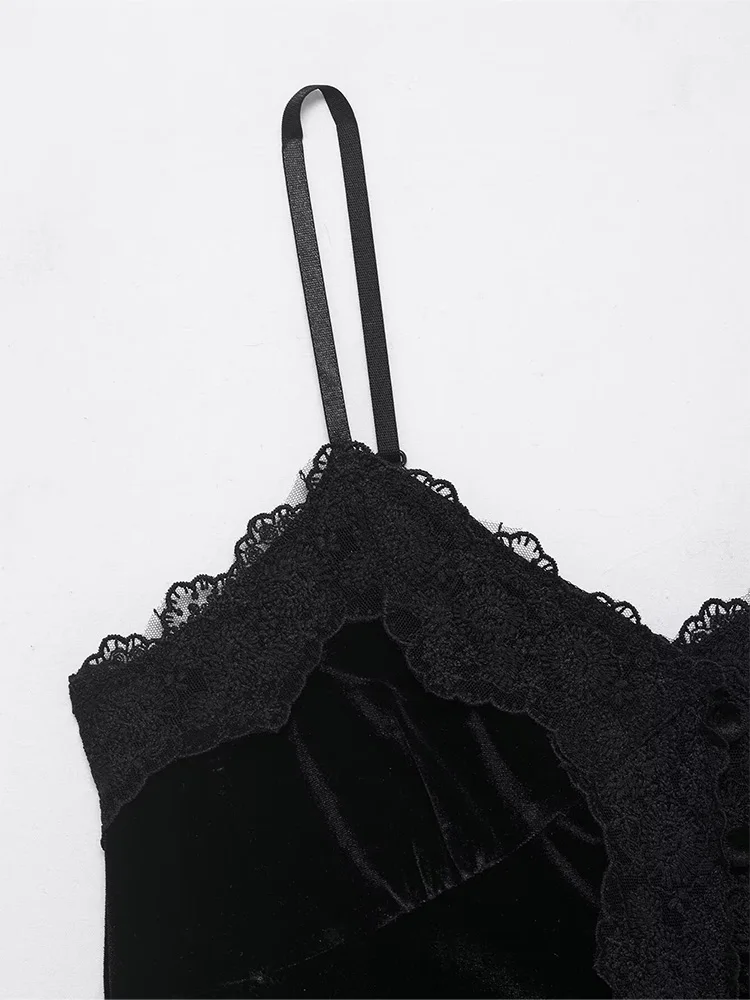 HH Woman Summer Fashion French Black Lace Splice Decoration Velvet Sling Backless Sling V-Neck Leisure Sleeveless Short Tops