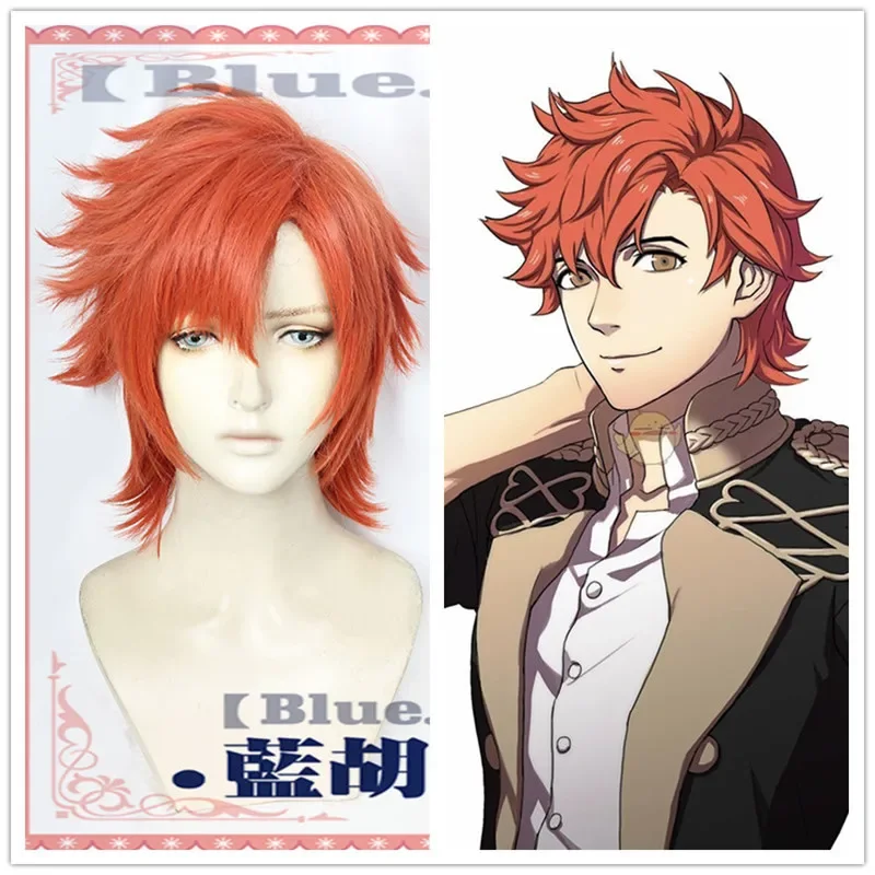 Fire Emblem ThreeHouses Wig Cosplay Sylvain Jose Gautier Short Orange Red Side Part Hair Halloween Role Play Hair Wig  Free Wig