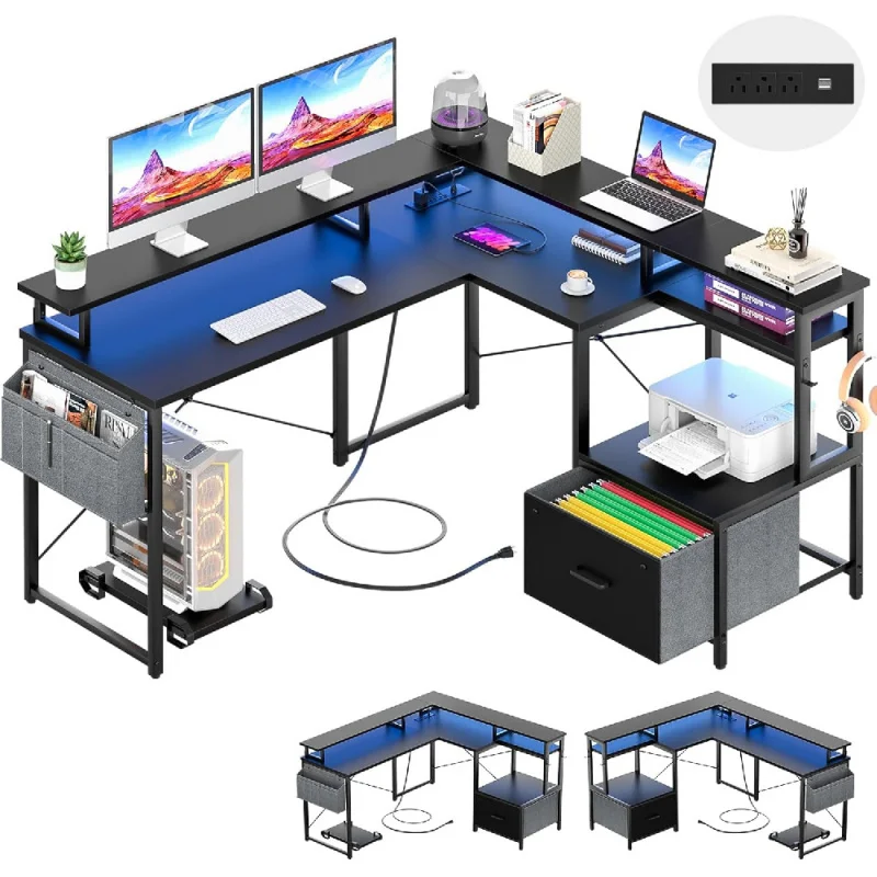 

L Shaped Desk with File Drawer, Reversible L Shaped Computer Desk with Power Outlet & LED Lights, Home Office Desk Corner Desk