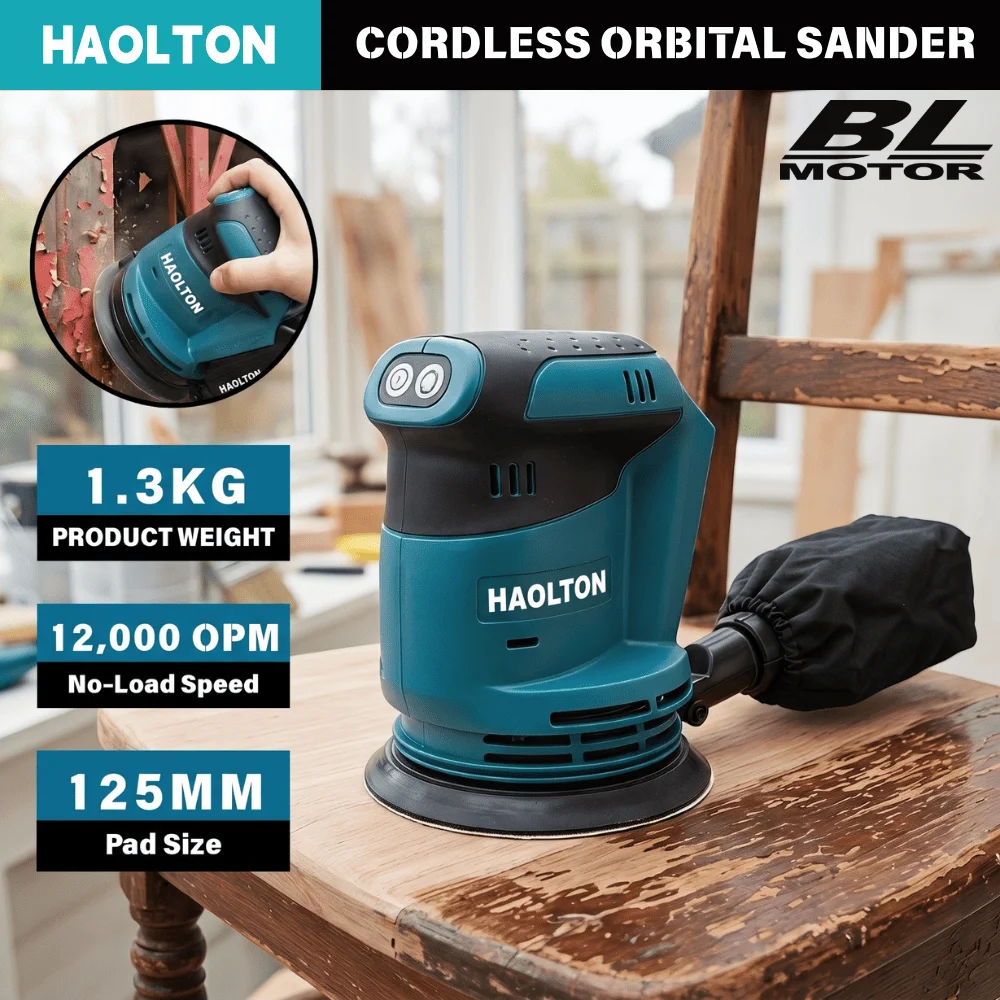HAOLTON 5 Inch Random Orbital Sander, Cordless, 3-Speed 11000RPM, Rechargeable Polisher, for Makita 18V Battery, Bare Tool