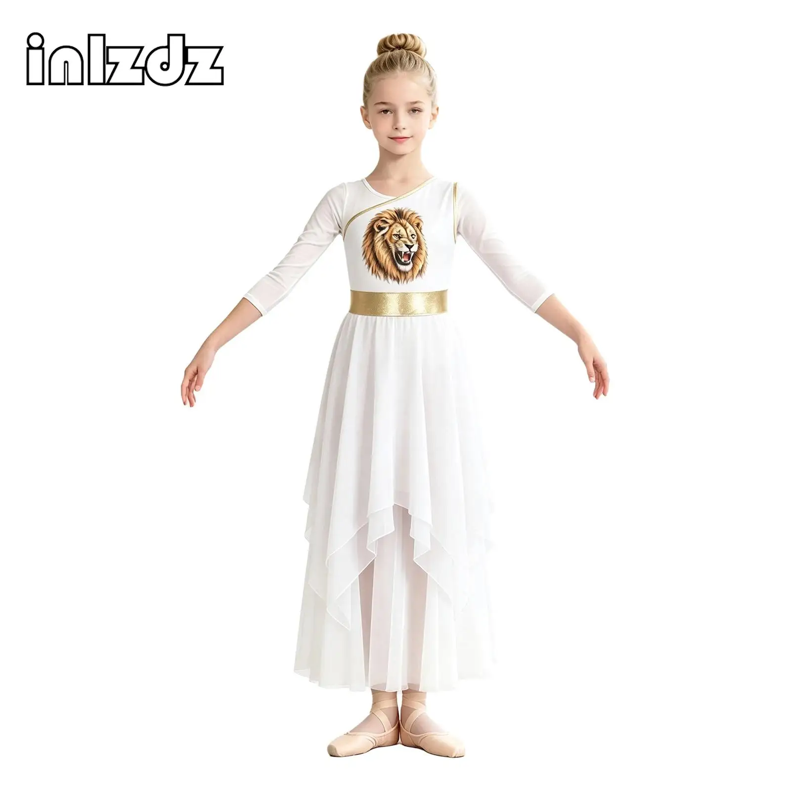 Kids Girls Liturgical Praise Dance Choir Metallic Waist Lion Printed Irregular Chiffon Tunic Dress for Lyrical Modern Dance