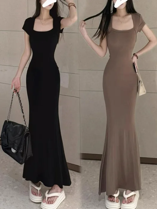 Estate New Sle Colletto quadrato ort Sve Gonna lunga da donna slim fit sexy Body ape ow Fi Tail Gonna avvolgente a vita alta...