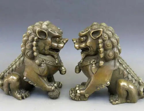 Asian Chinese Brass Animal Feng shui Foo Dog Lion town house bronze Statue pair