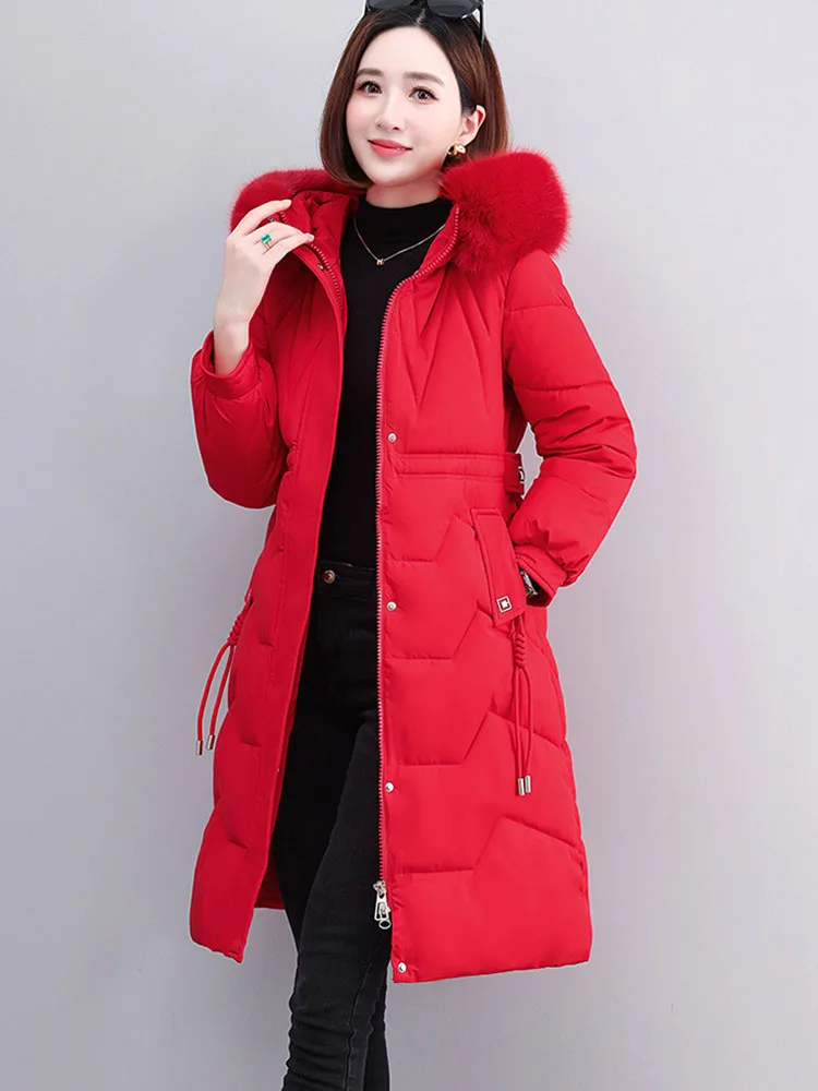 2023 Fashion Long Overcoat Women Winter Down Cotton-padded Jacket Slim Coat Hooded Fur Collar Outwear Female Thicken Warm Parkas