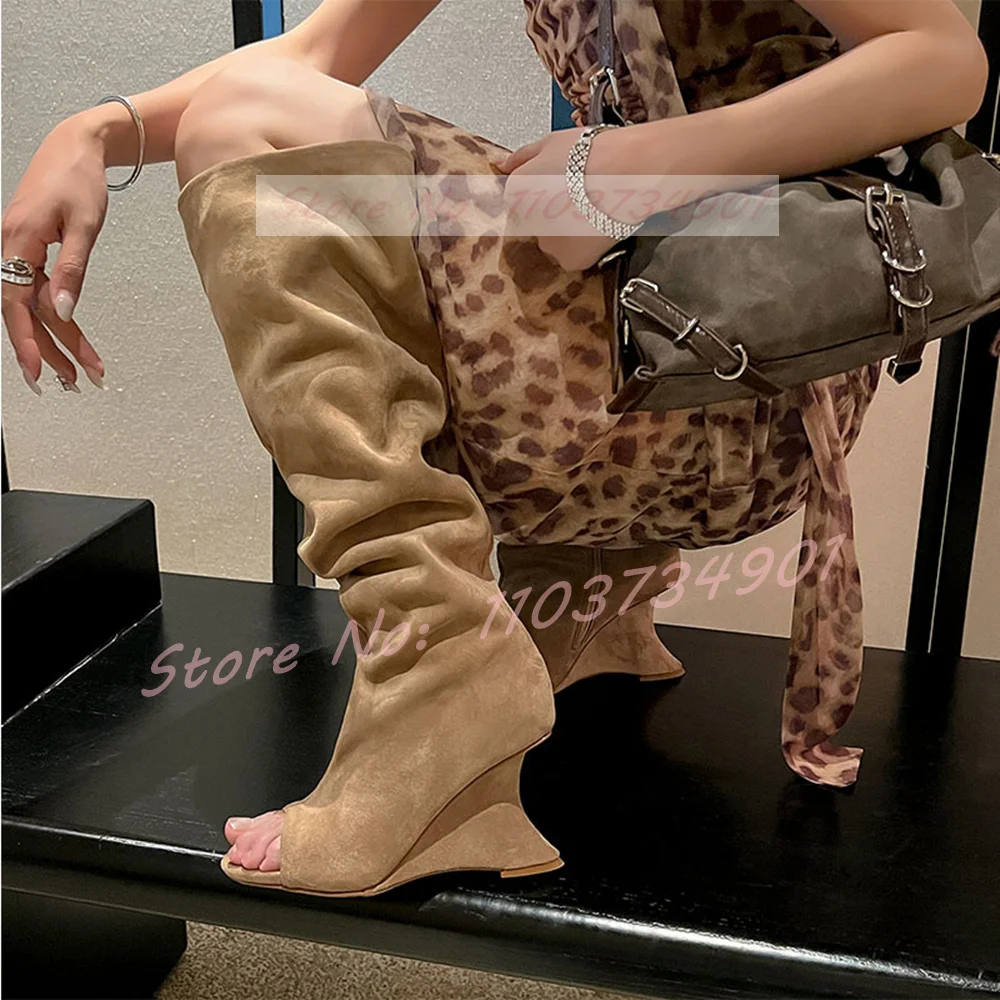 Zeppe Open Toe stivali Beige donna Party Casual Flock Baggy Zipper tacchi alti stivali al ginocchio moda donna scarpe moderne retrò