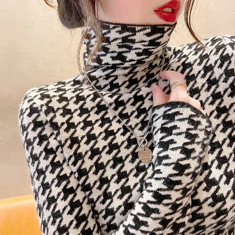 Winter Women\'s Turtleneck Sweater Korean Fashion Fleece Houndstooth Luxury Sweater Women\'s Sexy Plaid Pullover Sweater Women