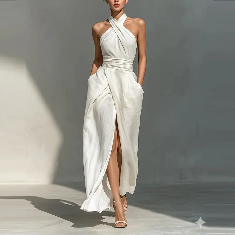 Women Sexy Off Shoulder High Waist Long Dress Spring Criss Cross Halter Hollow Boho Dress Summer Sleeveless Vacation Beach Dress - Image 2