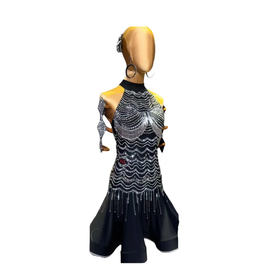 Vestido de baile latino para niños y adultos, piedra AB, alta gama, personalizado, negro, plateado, cuello colgante, gran columpio, ropa de mujer de Tango con precisión