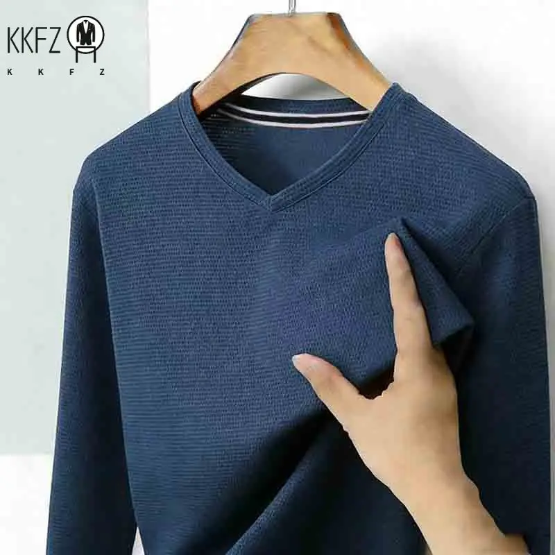 Men's Camel V-neck Long Sleeve Tee Slim Fit Soft Knit Pullover Spring & Autumn Shirt