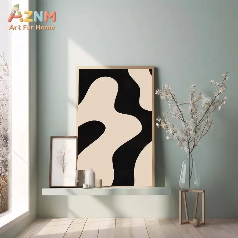 AZNM Black Cream Organic Abstract Canvas Wall Art Wavy Blob Shape Print Poster Minimalist Modern Boho Home Wall Decor for Living