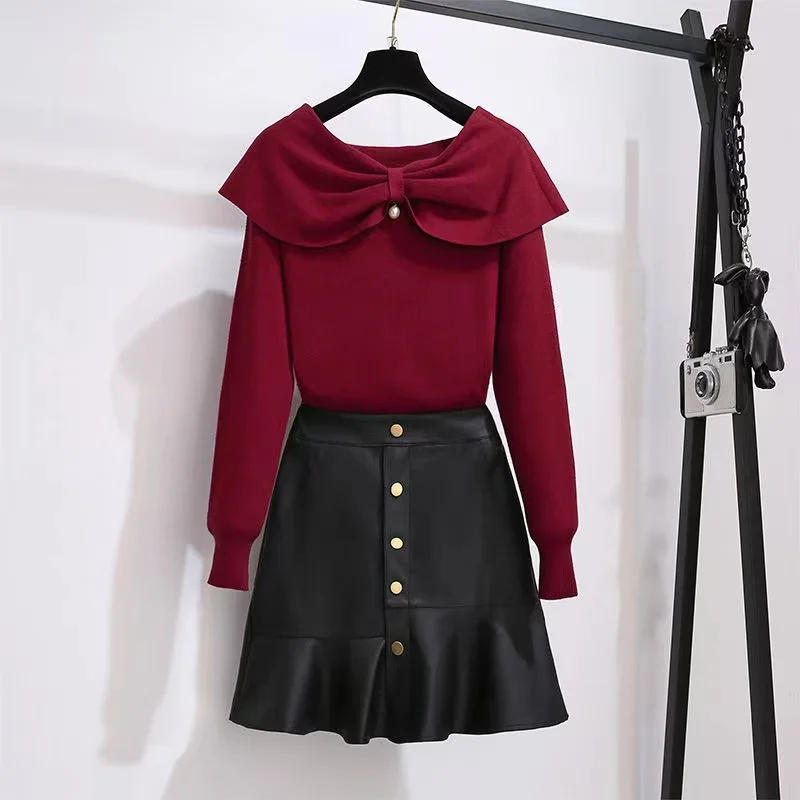 

Women Y2K Suit Knitted Sweater And PU Leather Mini Skirt Two Piece Set Matching Outfit Fashion Korean 2023 Autumn Winter Clothes