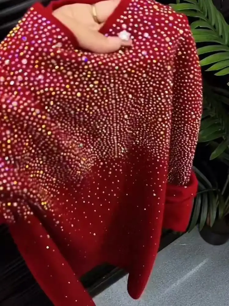 Luxury Design Diamonds Hot Drilling Slim Fit Wine Red Sweater Women Autumn/Winter Knitwear Bottoming Pullovers Femme Clothes