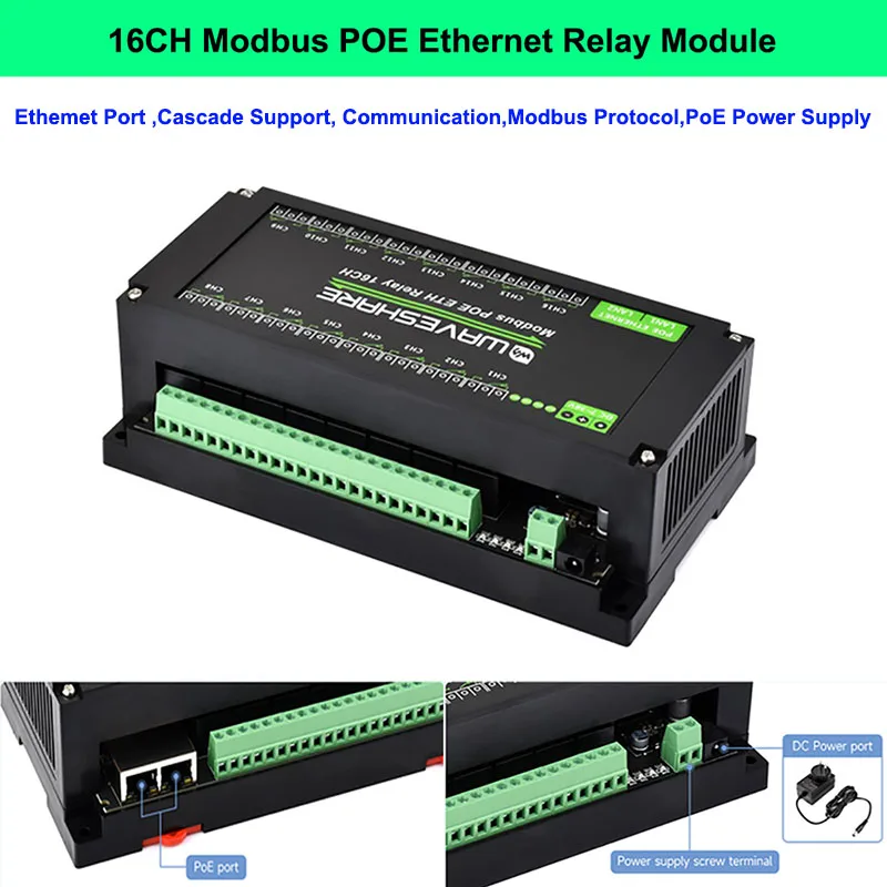 modulo-de-rele-ethernet-de-16-canales-waveshare-compatible-con-el-protocolo-modbus-rtu-tcp-fuente-de-alimentacion-poe-con-varios-circuitos-de-proteccion-de-aislamiento