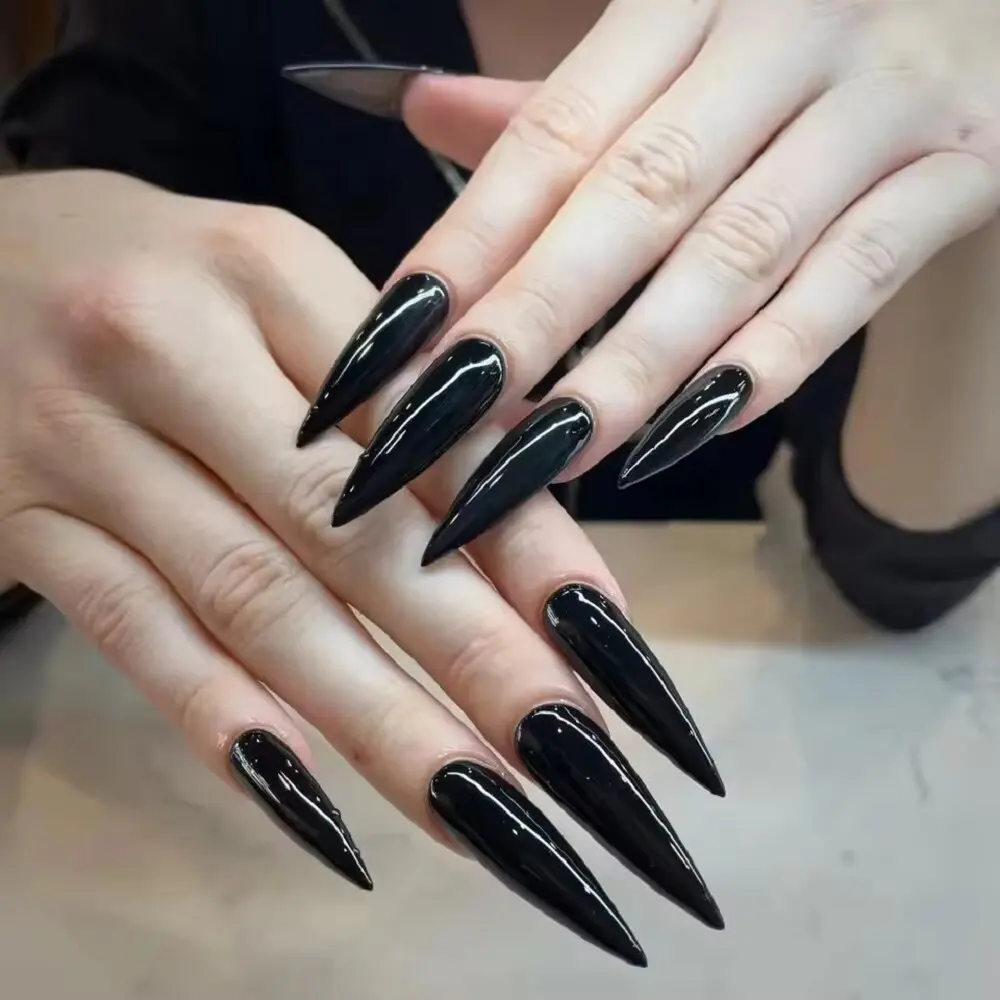 

24 шт., винтажные накладные ногти, черные заостренные кончики, накладные ногти, простые однотонные супер длинные искусственные ногти, носимые