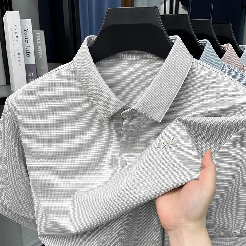 Men's Striped Short Sleeved Polo Shirt, Summer Middle-aged Business Casual Breathable Thin Half Sleeved T-shirt