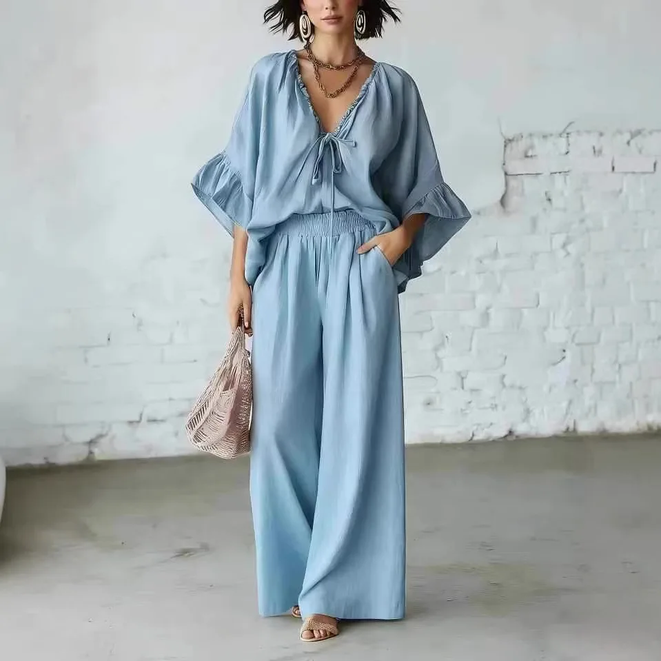 

Women's Ruffle Sleeve Two Piece Pant Set Sexy V-Neck Lace-up Blouse and Elastic Wide Leg Pants Matching Set Casual Summer Outfit
